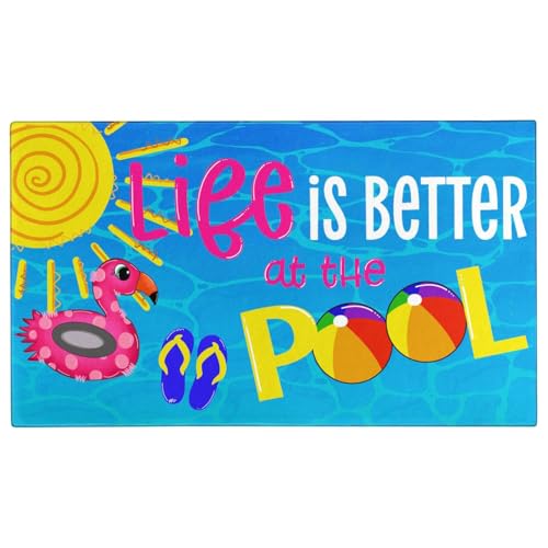 QINQINZIJIN Fußmatte Bunt, Schmutzfangmatte, Gummi Türmatte, Life is Better at The Pool rutschfeste Matte, Fussmatte Waschbare Flamingo für Innen und Aussen, Garten, Balkon (M) von QINQINZIJIN