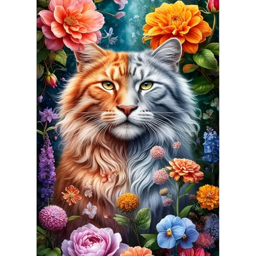 QINRUBB DIY Fantasie Katze Diamant Painting Bilder Anfänger, 5D Bunte Blumen Diamond Painting Erwachsene, Runder Vollbohrer Kätzchen Diamant Kunst Kits Kreuzstich Home Wand Dekor 30x40 cm von QINRUBB
