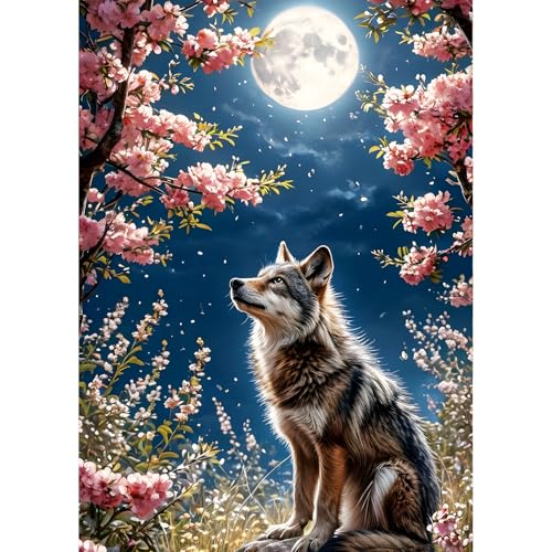 QINRUBB DIY Wilder Wolf Diamant Painting Bilder Anfänger, 5D Mondlicht Diamond Painting Erwachsene, Runder Vollbohrer Blumen Wolf Diamant Kunst Kits Kreuzstich Home Wand Dekor 30x40 cm von QINRUBB