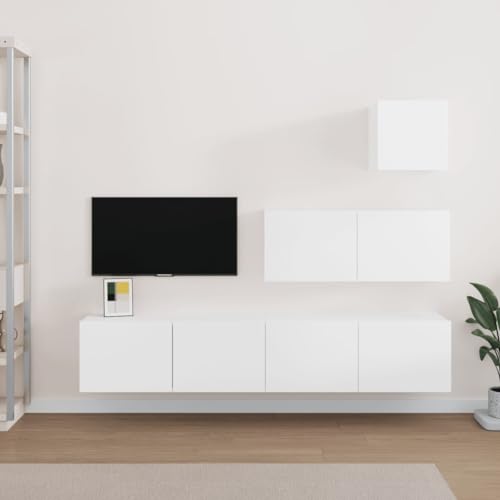 QINXIXINAIXI 4-TLG. TV-Schrank-Set Weiß Holzwerkstoff tv unterschrank Konsolentisch mit Schubladen Couchtisch hängeschrank von QINXIXINAIXI