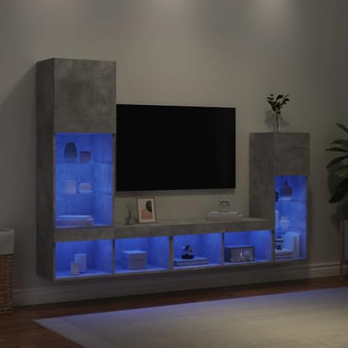 QINXIXINAIXI 4-TLG. Wohnwand mit LED-Beleuchtung Betongrau Holzwerkstoff Fernseher kommode Fernsehschrank Sideboard hängend Konsolentisch mit Schubladen von QINXIXINAIXI