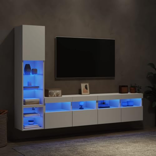 QINXIXINAIXI 4-TLG. Wohnwand mit LED-Beleuchtung Weiß Holzwerkstoff lowboard Konsolentisch mit Schubladen Fernsehtisch tv kommode von QINXIXINAIXI