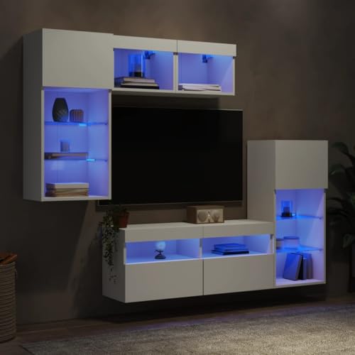 QINXIXINAIXI 5-TLG. Wohnwand mit LED-Beleuchtung Weiß Holzwerkstoff HiFi Rack tv kommode tv ständer Sideboard hängend von QINXIXINAIXI
