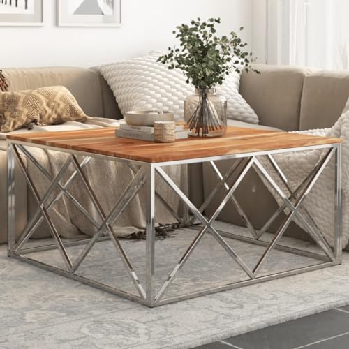 QINXIXINAIXI Akazienholz Couchtisch mit Edelstahlgestell - Robuster Wohnzimmertisch mit Schlichter Designoptik und pflegeleichter Oberfläche von QINXIXINAIXI