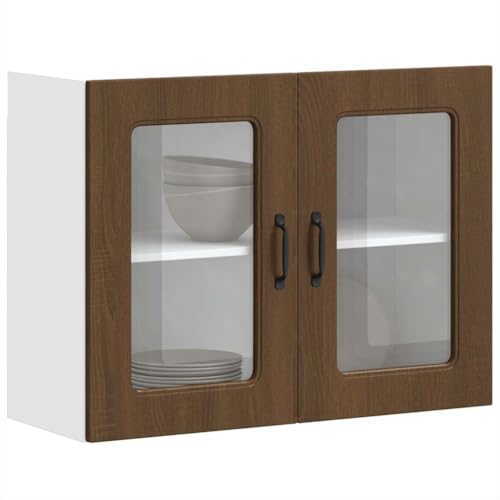QINXIXINAIXI Küchen-Hängeschrank mit Glastür Kalmar Braun Eichen-Optik Ofenunterschrank mit Stauraum, verstellbaren Füßen und platzsparendem Design von QINXIXINAIXI