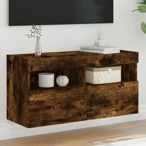QINXIXINAIXI TV-Wandschrank mit LED-Leuchten Räuchereiche HiFi Rack wohnzimmerschrank tv Bank Sideboard hängend 80x30x40 cm von QINXIXINAIXI