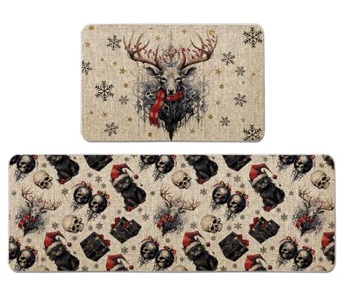 QIONG MENG Gotische Weihnachts-Küchendekoration, Set mit 2 Gothic-Küchenteppichen, Weihnachtsdekoration, Bauernhaus-Bodenmatten für Zuhause, Küche, Esszimmer, Dekoration, 43,2 x 68,2 cm und 43,2 x von QIONG MENG