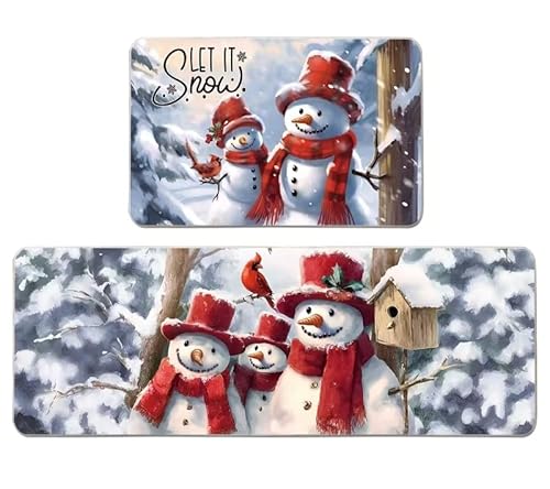 QIONG MENG Küchenteppich, Weihnachts-Schneemann, 2er-Set, "Let It Snow", Weihnachtsdekoration, Bauernhaus, Vintage-Fußmatten für Zuhause, Küche, Esszimmer, Dekoration, 43,2 x 68,2 cm und 43,2 x 129,2 von QIONG MENG