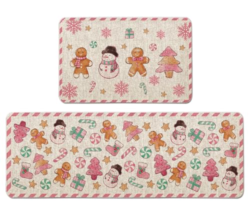 QIONG MENG Lebkuchen-Küchenmatten-Set, Rosa, Weihnachts-Küchenteppiche, Weihnachtsdekoration, Bauernhaus-Bodenmatten für Zuhause, Küche, Esszimmer, Dekoration, 43,2 x 68,2 cm und 43,2 x 129,2 cm, Rosa von QIONG MENG