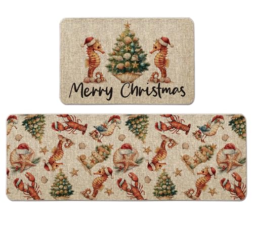 QIONG MENG Weihnachtliche Küsten-Küchenmatte, Set mit 2 Strand-, Weihnachts-Küchenteppichen, Weihnachtsdekoration, Bauernhaus-Bodenmatten für Zuhause, Küche, Esszimmer, Dekoration, 43,2 x 68,2 cm und von QIONG MENG