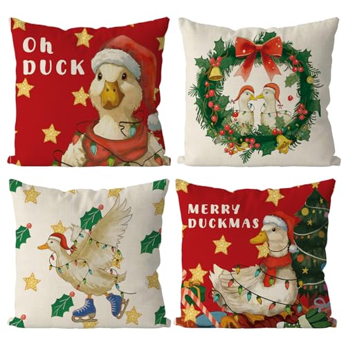 QIONG MENG Weihnachts-Kissenbezüge, Motiv: Ente und Gans, für Zuhause, Sofa, Wohnzimmer, dekorativer Kissenbezug, 45,7 x 45,7 cm, 4 Stück von QIONG MENG