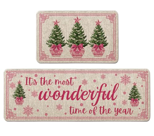 QIONG MENG Weihnachts-Küchenmatten-Set, Weihnachts-Küchenteppiche, Weihnachtsdekoration, Bauernhaus-Bodenmatten für Zuhause, Küche, Esszimmer, Dekoration, 43,2 x 68,2 cm und 43,2 x 119,2 cm, Rosa, 2 von QIONG MENG