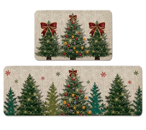 QIONG MENG Weihnachtsbaum-Küchenteppich, Weihnachts-Küchenmatte, Weihnachtsdekoration, Bauernhaus-Bodenmatten für Zuhause, Küche, Esszimmer, Dekoration, 43,2 x 68,2 cm und 43,2 x 119,2 cm, 2 Stück von QIONG MENG