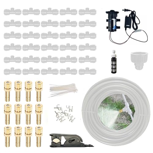 QIPN Sprühnebel Kühlung Set mit Pumpe, Kühlsystem für den Außenbereich, Outdoor Misting System mit Messing Nebeldüsen, DIY-Pflanzenbewässerungs-Set Garten Gewächshaus Pavillon Wasserzerstäuber von QIPN