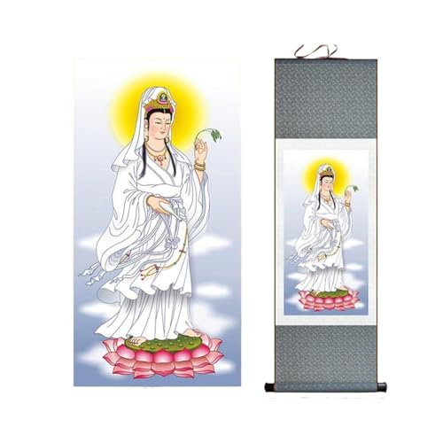 QIPUCNLYA Seiden-Thangka-Rollbild – Avalokiteshvara Bodhisattva-Brokat for buddhistische Rituale und traditionelle Dekoration(30 * 80cm) von QIPUCNLYA