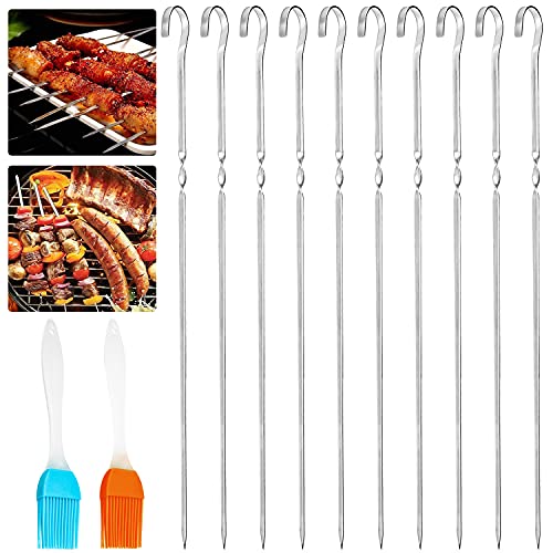 Grillspieße 20 Stück Schaschlikspieße Edelstahl 35cm Fleischspieße Flach Kebab Spieße für Lagerfeuer oder Grillschale mit 2x Silikonölbürste von QIQN