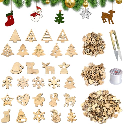 Holzanhänger Weihnachtsanhänger 200STK Holz Weihnachten DIY Weihnachtsdekoration mit Nylonfaden Schere für Weihnachten Weihnachtsbaum Deko DIY von QIQN