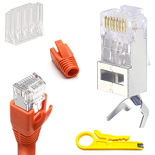 QIQN Crimpstecker CAT7 CAT6A RJ45 10 Sets Netzwerkstecker für Verlegekabel 10GBit Lan Stecker mit Metall geschirmt, Einfädelhilfe und Knickschutz, mit Drahtstreifen Cutter von QIQN