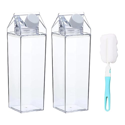 QISF 2 Stück Klare Wasserflasche - 1000ML Milchkarton Wasserflasche， Transparente Quadratische Plastikmilchbox mit Pinsel,Wasserflasche Getränk Eistee Flasche Milchflaschen für Getränke Getränkesaft von QISF