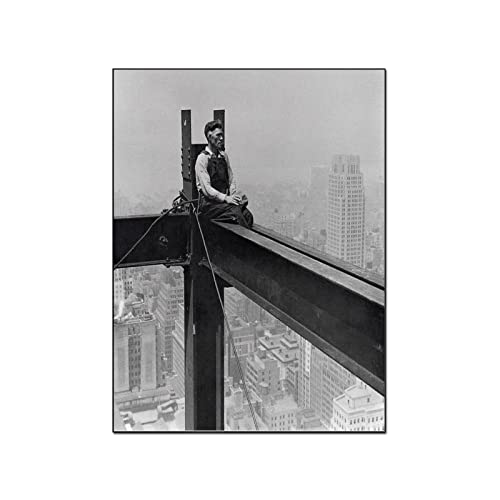 Foto auf Leinwand Drucken Lassen (50x70cm) Kein Rahmen Empire State Building Classic Poster Charles Ebbets Schwarz-Weiß-Fotografie Architektonischer Stahlarbeiter blickt in die Ferne Bild von QITEX