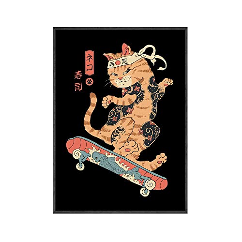 Foto auf Leinwand Japanische Samurai Katze Poster Skateboard Sport Prints Vintage Tiere Leinwand Malerei Japanische Wandkunst Retro Cartoon Katze Bild Wohnzimmer 40x60cm Kein Rahmen von QITEX