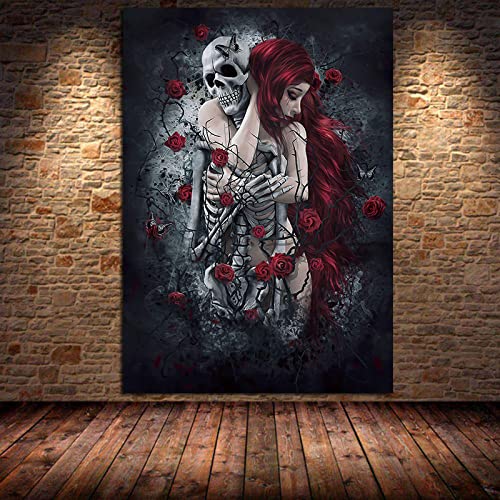 QITEX Aesthetic Room Decor Leinwanddruck Abstrakter Totenkopf Mädchen Bild Rosenblumen Poster Wand Bilder Bilder für Wohnzimmer Schlafzimmer Dekor 40x60cm Kein Rahmen von QITEX