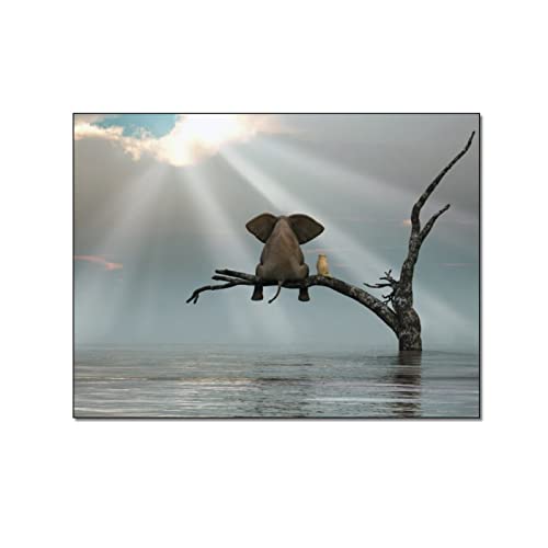 QITEX Bilder Wanddeko Abstrakte Gemälde Wand Dekor Elefant und Hund sitzen auf einem Baum Tiere beobachten das Meer Kunstdruckeraum Leinwand Bild Poster und Kunstdruckee 50x70cm (Kein Rahmen) von QITEX