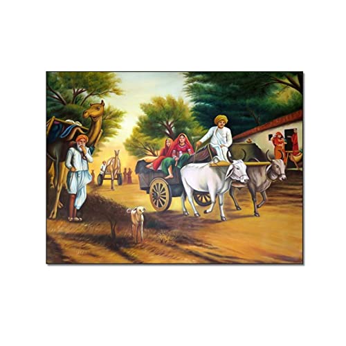 QITEX Foto auf Leinwand Poster Indische Kultur Malerei Indian Old Village Wall Art Vintage Poster von Männern und Frauen auf Viehwaggons Leinwanddruck 30x40cm Kein Rahmen von QITEX