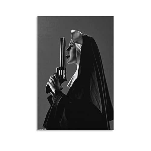 QITEX GemäLde Wohnzimmer 40x60cm Kein Rahmen Schwarz-Weiß Charakter Wand Bilder Bild Lustige Nonne Leinwand Gemälde Nonne mit Pistole Poster Home Wohnzimmer Dekor Bild von QITEX
