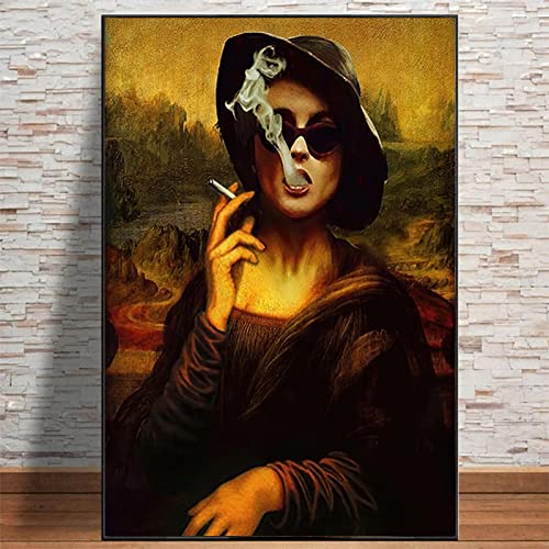 QITEX Kunstdruck Leinwand Leinwandbild Lustige Mona Lisa Rauchende Wandkunst Poster & Drucke Malerei Küche Wohnzimmer Wohnkultur 40x60cm Kein Rahmen von QITEX
