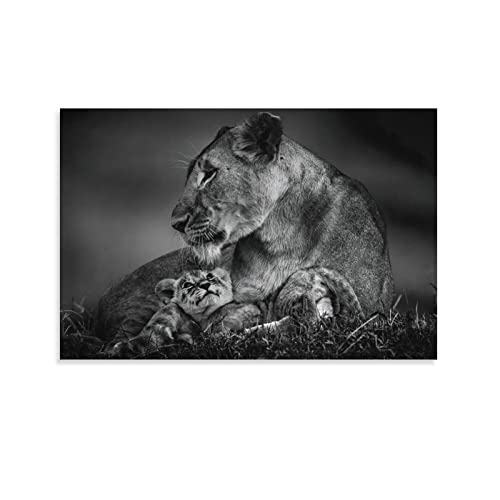 QITEX Kunstdruck auf Leinwand 50x70cm (Ungerahmt) Löwin und Junge Schwarz-Weiß-Tierposter Leinwand Wand Bilderdrucke für Wanddekoration Raumdekoration Schlafzimmerdekoration Geschenke von QITEX