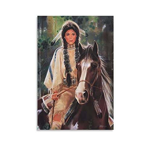 QITEX Poster & Kunstdrucke 40x60cm (Ungerahmt) Native American Art Poster Indianer Kriegerin Frau Poster Indische Mädchen Malerei Wandkunst Gemälde Leinwand Wanddekoration Wohnkultur von QITEX