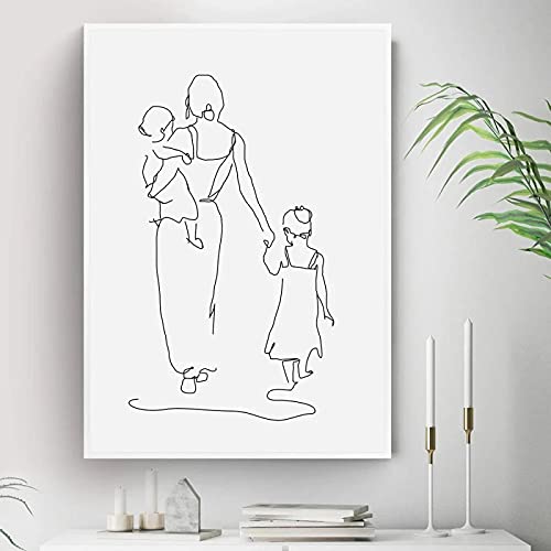 QITEX Wanddeko Schlafzimmer 40x60cm Kein Rahmen Leinwanddruck Mutter und Töchter Sohn Gemälde Linie Zeichnung Poster Abstrakt Minimalistische Wand Bilder Bild Bilder Dekor von QITEX