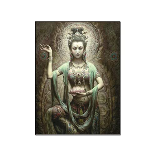 QITEX Wanddeko Schlafzimmer 50x70cm Kein Rahmen Grüne Tara Buddha Gemälde Spirituelle Gemälde Göttin der Barmherzigkeit leinwand bilder Posterdrucke Wand Bilder Home Deko Bild von QITEX