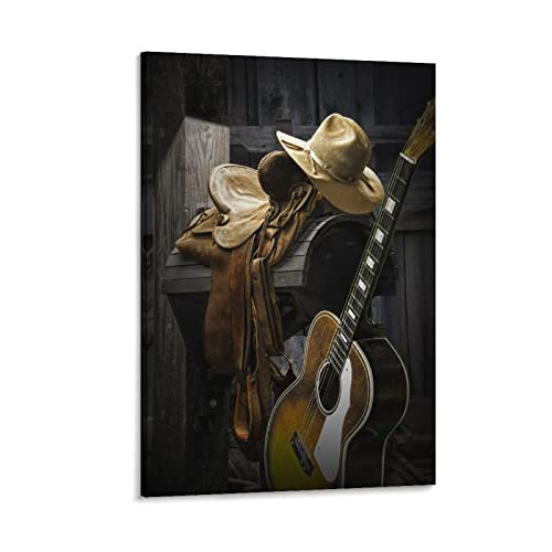 QITEX Wohnzimmer Bilder GemäldePoster Western Flat Top Country String Akustische Gitarre mit Sattel und Cowboyhut Stillleben P Leinwand Wandkunst Kunstdruckee für Wanddekoration 30x40cm (Kein Rahmen) von QITEX