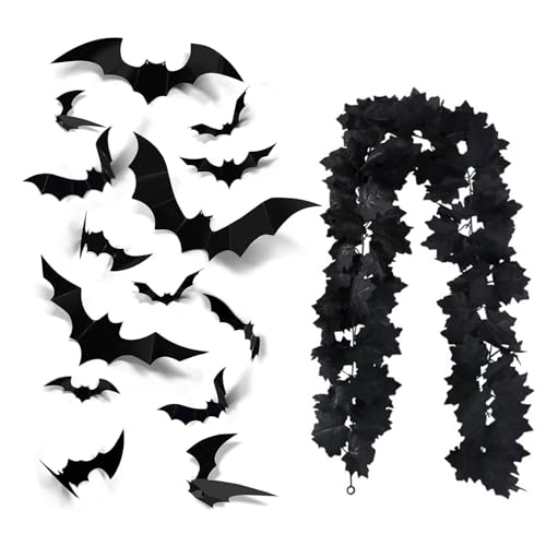 Halloween Girlande, Schwarze Fledermaus Deko Für Outdoor Und Indoor, Halloween Decor, 2er Set Mit Rattan Und 24 Fledermäusen,Black Christmas von QITHGYD