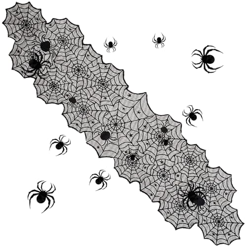 Halloween Tischdeko, Halloween tischläufer mit Spinnennetz Design, Inklusive 13 Spinnen Dekoration, Ideal für Tischdecke und Party Deko, Größe 180×45 cm von QITHGYD