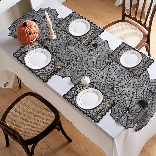 Spinnennetz Deko Halloween Tischläufer Mit Spinnenmotiv, Gruselige Tischdekoration Für Halloween Party Und Gothic Möbel, 1x Tischläufer Und 1x Spinnenplatzset von QITHGYD