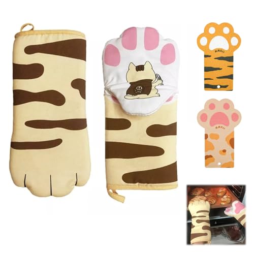 Topfhandschuhe Katze Hitzebestaendig Kochhandschuhe Topfhandschuhe - Backhandschuhe bis zu 250 °C Hitzebeständige 31x15cm Topfhandschuhe Katze Ofenhandschuhe für Kochen Backen Barbecue Backen Grillen von QITIXI:OU