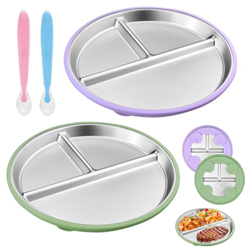 2 Stück Edelstahl Babyteller mit Saugnap - 24cm Edelstahl Teller Kinder mit Silikonlöffel, Geteilte Kinder Teller mit abnehmbaren Silikonhüllen, BPA-frei, rutschfest, unzerbrechliche Snackschalen von QITIXI:OU