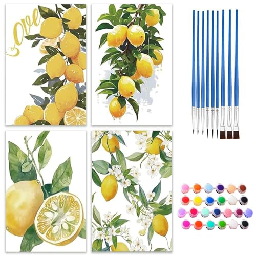4 Stück Zitrone Malen Nach Zahlen Set, DIY Zitrone Handgemalt Ölgemälde Kit für Erwachsene, Kinder und Anfänger mit Pinsel, Acrylpigment und Aufhänger, Küche, Home Deko Geschenk, Ungerahmt (20x30cm) von QITIXI:OU