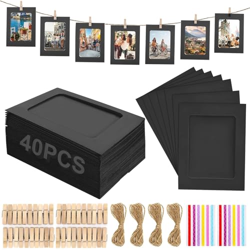 40 Stück Fotogirlande - 10x15 cm Fotoleine mit Klammern, Papier Bilderrahmen mit 40 Stück Holzklammern, DIY Selbstklebende Bilderrahmen 6 Zoll für Geburtstag Hochzeit Party Wand Deko (Schwarz) von QITIXI:OU