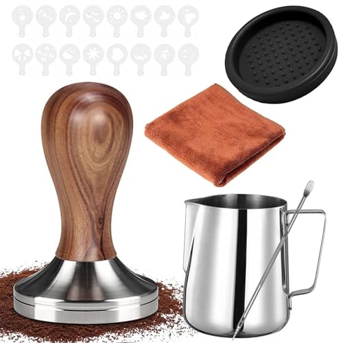 51mm Kaffee Tamper Set, Espresso Tamper Set, Barista, Kaffeemaschine Zubehör Inkl : 51mm 304 Tamper, 350ml Edelstahl Aufschäumkrug, Latte-Art-Stift, Tamper Matte, 16x Kaffee-Schablone, Reinigungstuch von QITIXI:OU