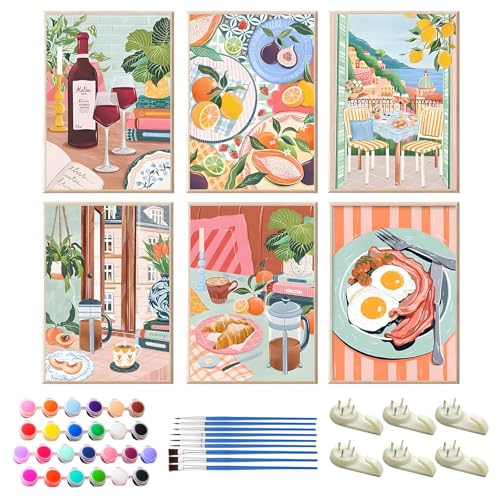 6 Stück Malen Nach Zahlen Set, DIY Handgemalt Ölgemälde Nach Zahlen Essen für Anfänger, Erwachsene und Kinder mit 36 Farben Acrylfarbe & 12 Pinseln, 6 Haken, für Home Decor, Ohne Rahmen (20 x 30cm) von QITIXI:OU