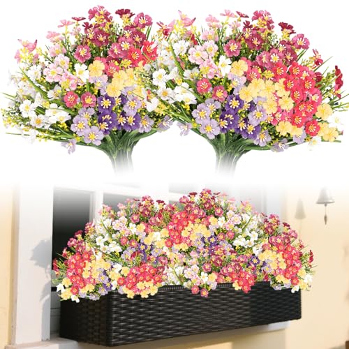 7 Bündel Kunstblumen wie Echt Künstliche Blumen - Balkon Kunstblumen Outdoor, Blumenstrauß Balkonpflanzen, Plastik Kunstblumenstrauß Dekoration für lnnen Outdoor Außen Balkon Garden Balkonkasten von QITIXI:OU