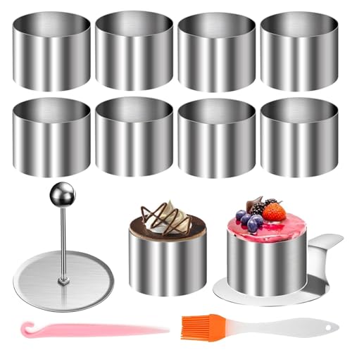 Dessertringe - 10 Stück Speiseringe, 8cm Backringe, Runde Mousseringe Servierringe Edelstahl Set mit Heber und Stampfer, Kleine Backringe Tortenring, für DIY Mousse Torte Nachspeise Biskuitausstechfor von QITIXI:OU