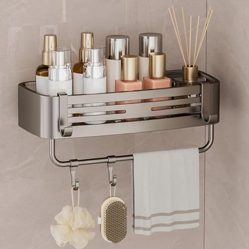 Duschablage Saugnapf - Duschablage ohne Bohren mit 6 Haken und Aufhängestange, 10kg Tragfähigkeit, Abnehmbare, Rostfreie Aluminium Regal, Organizer Ohne Bohren für Badezimmer Küche Shampoo Halterung von QITIXI:OU