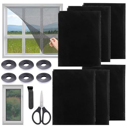 Fliegengitter Fenster - 6 Stück 130 x 150cm Moskitonetze mit 6 Klebeband, 1 Handbuch,1 Presswerkzeug und 1 Schere, Zuschneidbarer Insektenschutz Fliegengitter, für Schützen die Familie vor Insekten von QITIXI:OU