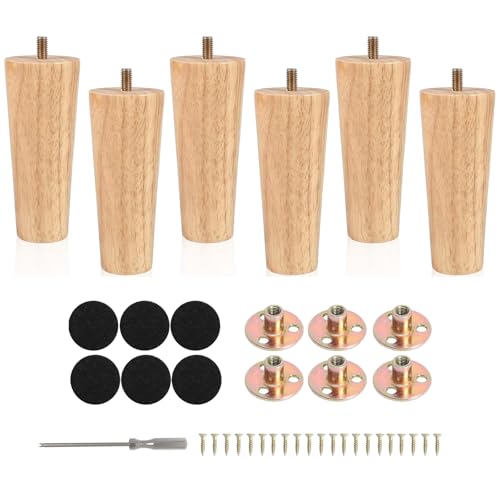 Holz Tischbeine, 6 Stück Möbelfüße Holz mit Montageplatten & Schrauben, Massivholz Konisch, Ersatz Möbelfüße Sofafüße Sockelfüße Tischfuß Aus Eiche, Möbelbeine für Stühle Sofa Bett Schrank Couch Stuhl von QITIXI:OU