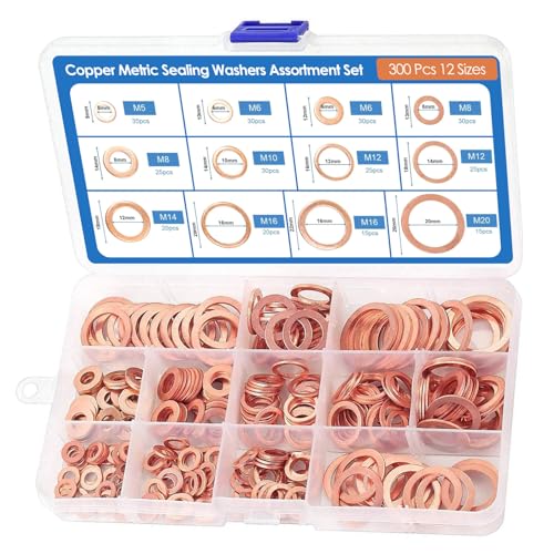 Kupferringe Sortiment set, 300pcs Kupferdichtringe Sortiment Flache Unterlegscheiben, Kupferscheiben Kupfer Metrische Dichtungsscheiben für Automobile Schiffe Generatoren Maschinen Geräte (M5-M20) von QITIXI:OU
